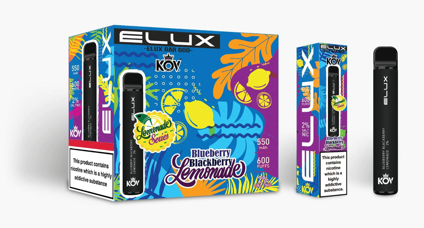 Elux Kov Blueberry Blackberry Lemonade Flavour Disposable Vape Bar 20mg L Pack Of 10