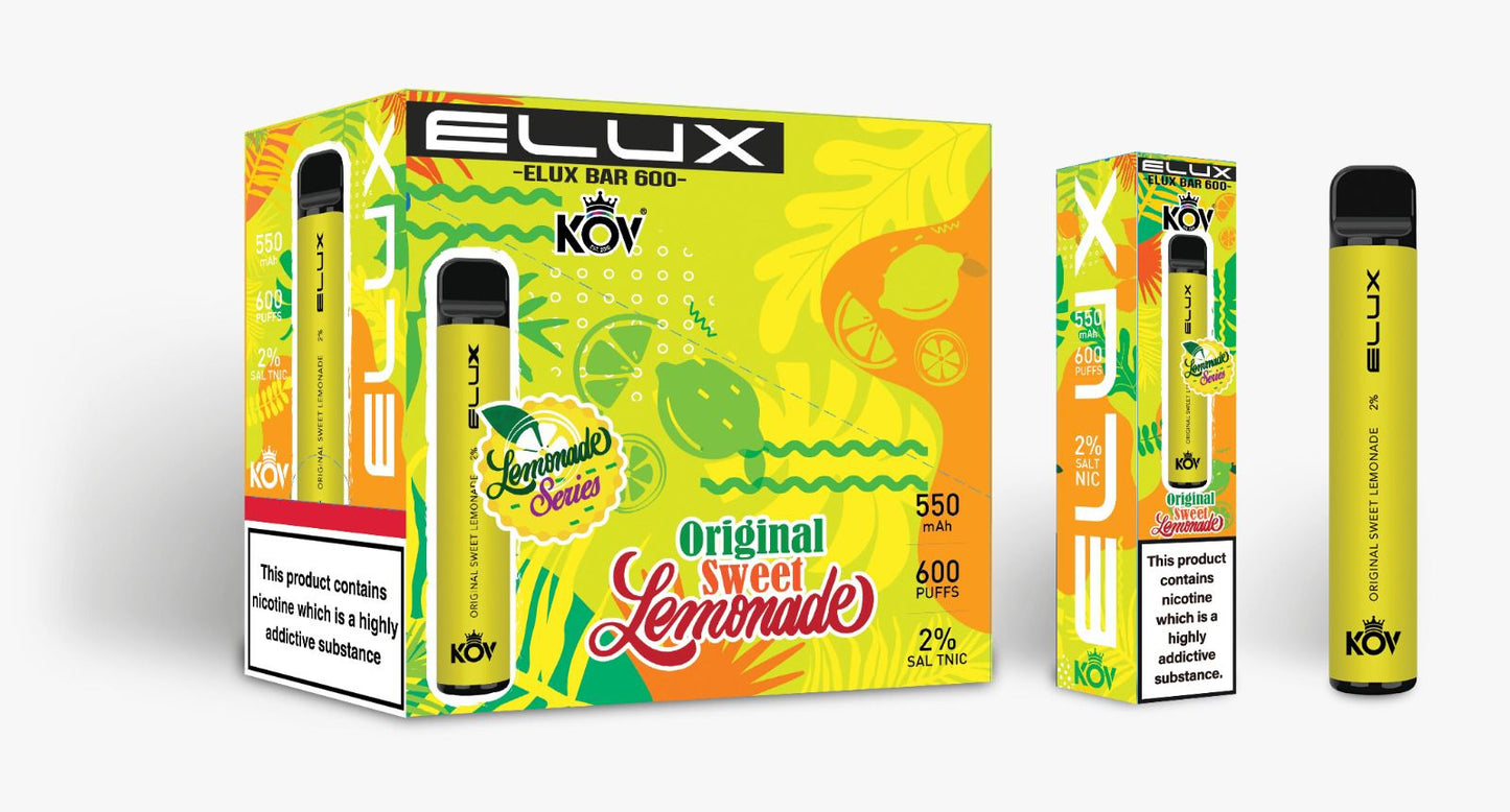 Elux Kov Original Sweet Lemonade Flavour Disposable Vape Bar 20mg L Pack Of 10