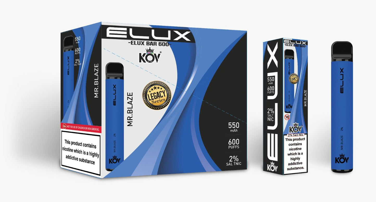 Elux Kov Legacy Mr Blaze (Mr Blue) Flavour Disposable Vape Bar 20mg L Pack Of 10