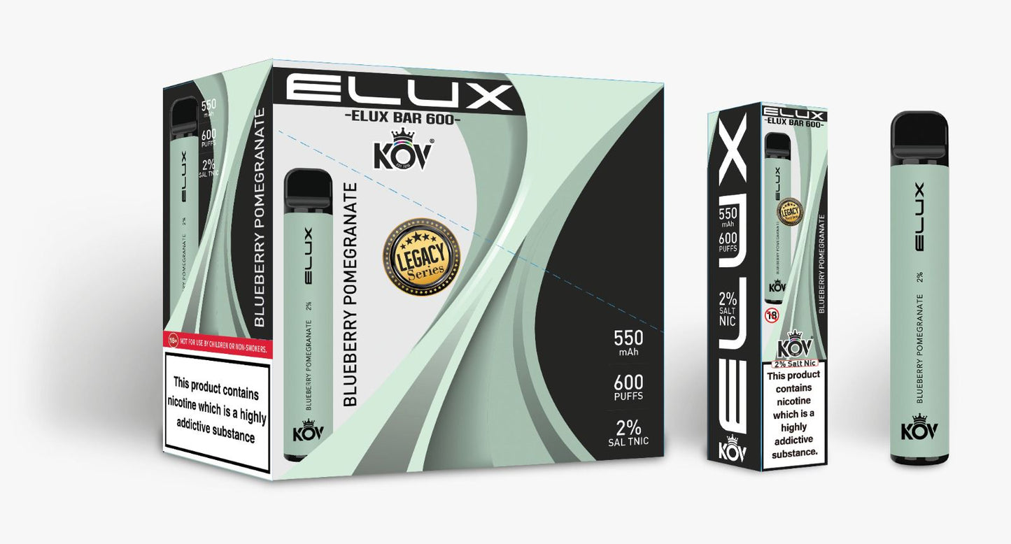 Elux Kov Legacy Blueberry Pomegranate Flavour Disposable Vape Bar 20mg L Pack Of 10