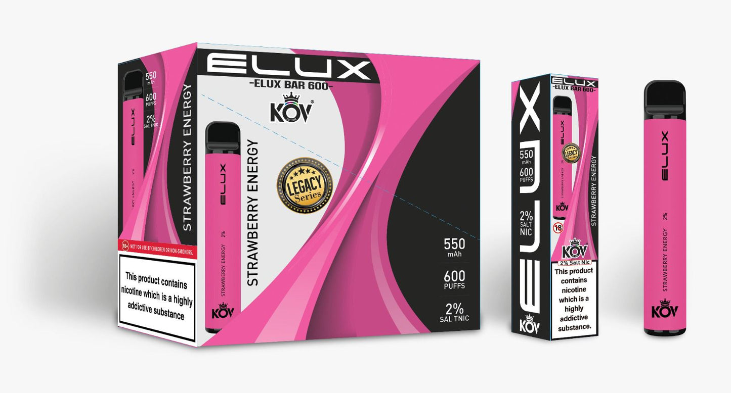 Elux Kov Legacy Strawberry Energy Flavour Disposable Vape Bar 20mg L Pack Of 10